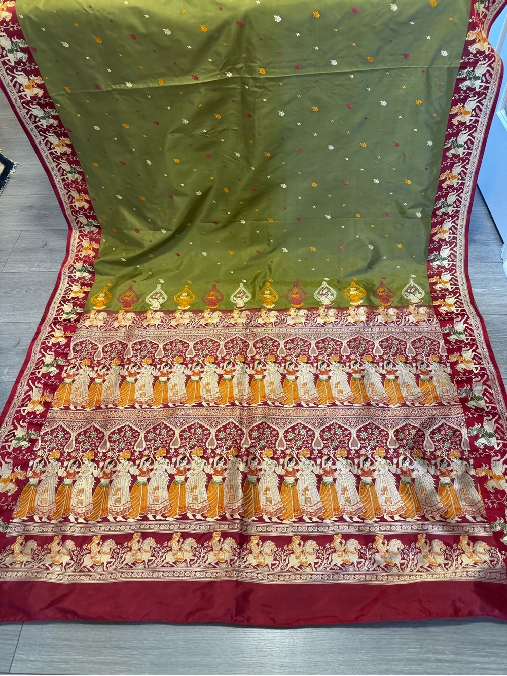 Olive Green and Maroon Embroidered Women's Baluchari silk saree
